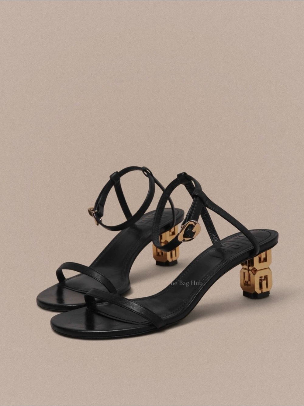 Givenchy Black Leather Strappy Sandals with Gold Logo Block Heel